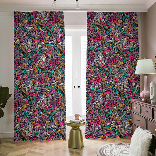 Abstract Music Pattern Print Blackout Pencil Pleat Curtains