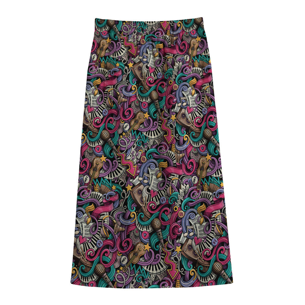 Abstract Music Pattern Print Cotton Front Slit Maxi Skirt