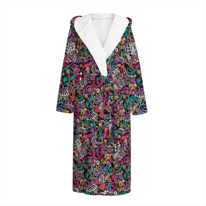 Abstract Music Pattern Print Hooded Bathrobe