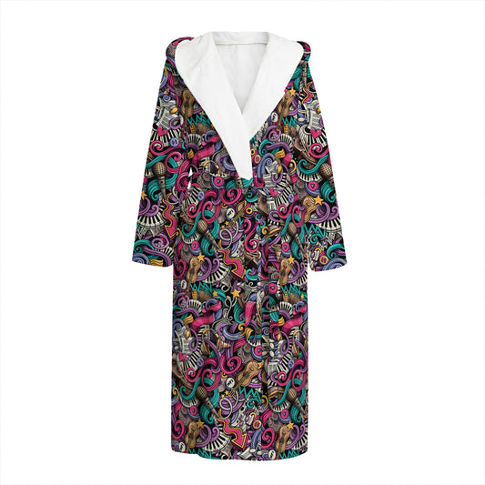 Abstract Music Pattern Print Hooded Bathrobe