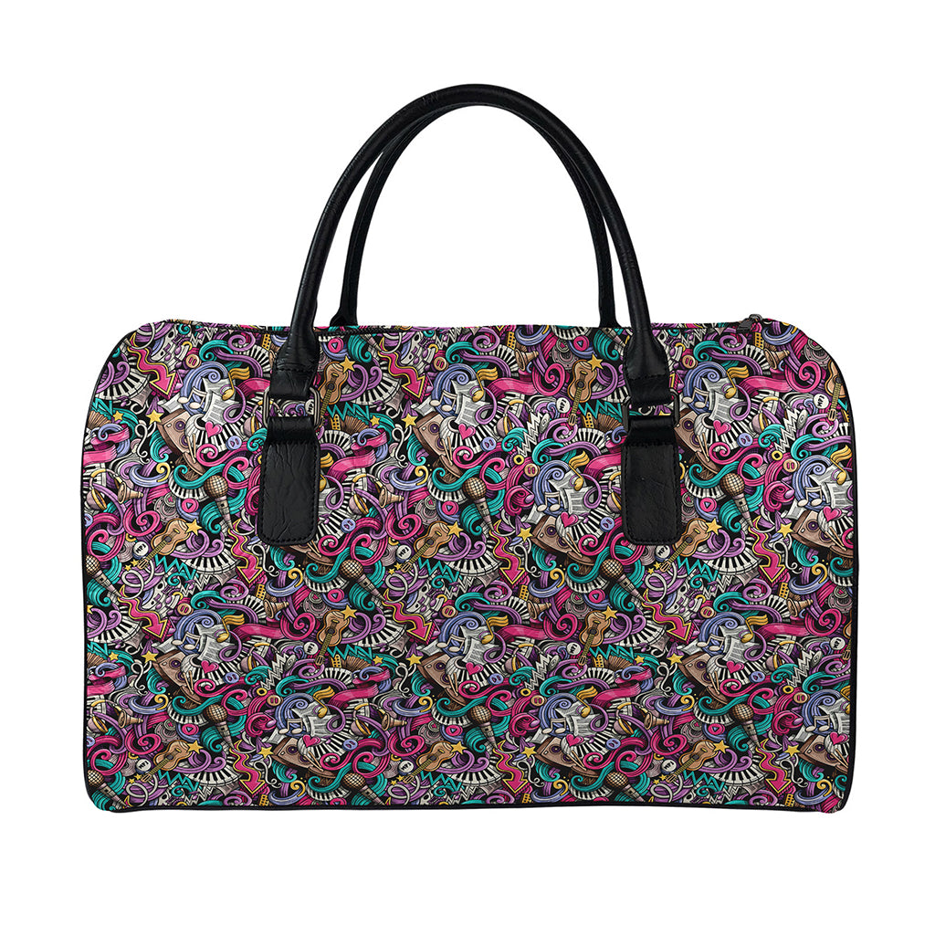 Abstract Music Pattern Print Leather Duffle Bag
