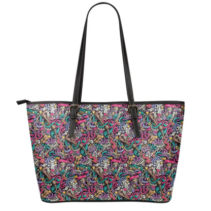 Abstract Music Pattern Print Leather Tote Bag
