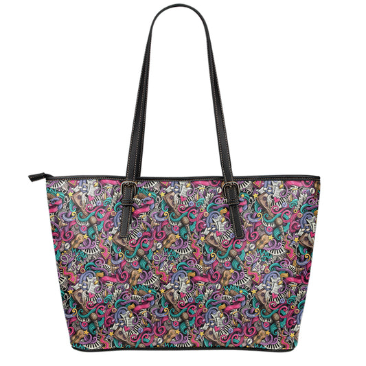Abstract Music Pattern Print Leather Tote Bag