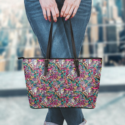 Abstract Music Pattern Print Leather Tote Bag