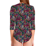 Abstract Music Pattern Print Long Sleeve Swimsuit