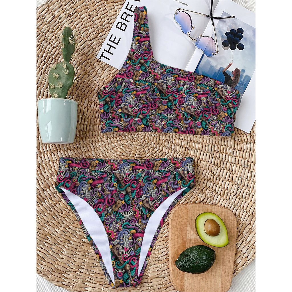 Abstract Music Pattern Print One Shoulder Bikini Top