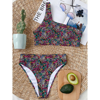 Abstract Music Pattern Print One Shoulder Bikini Top