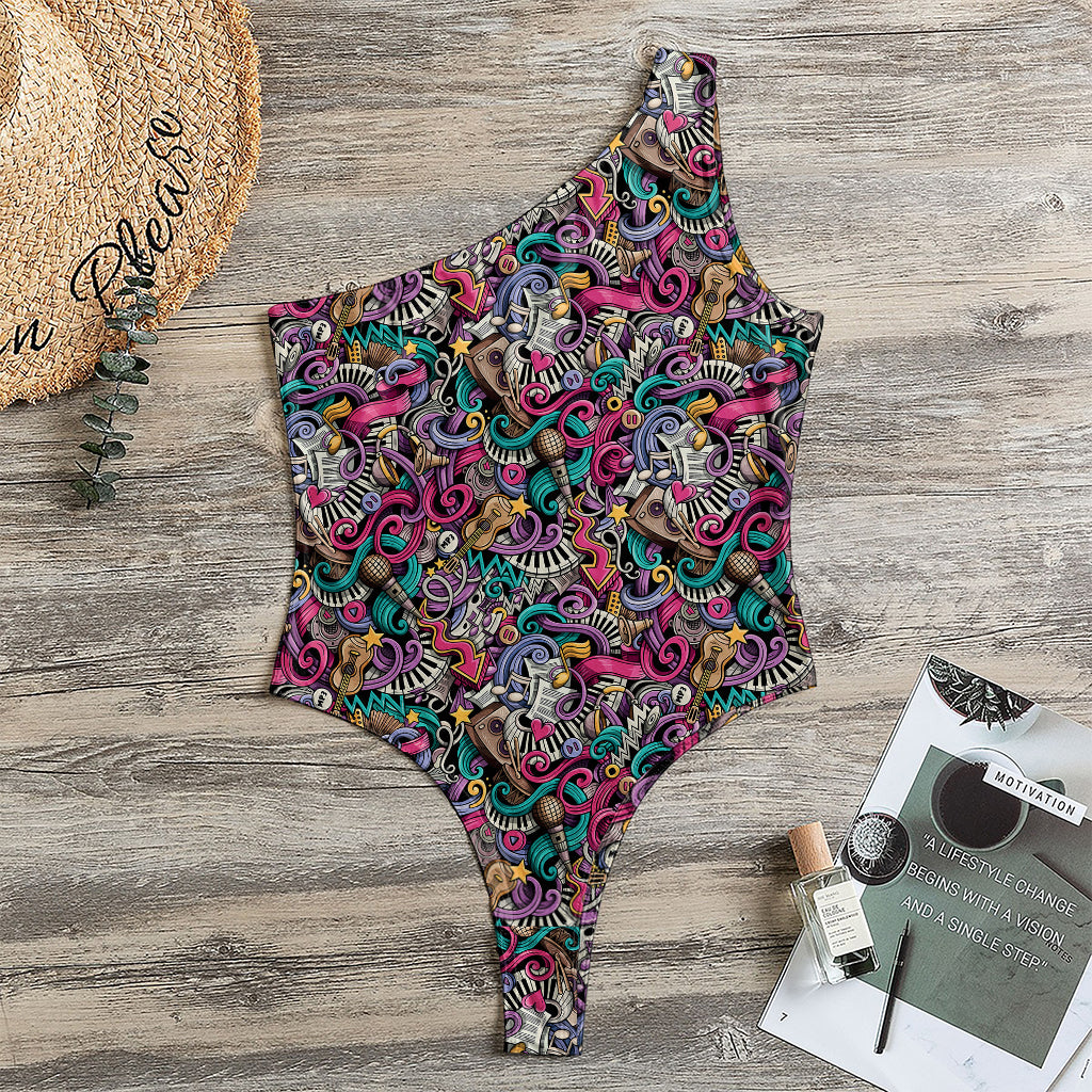 Abstract Music Pattern Print One Shoulder Bodysuit