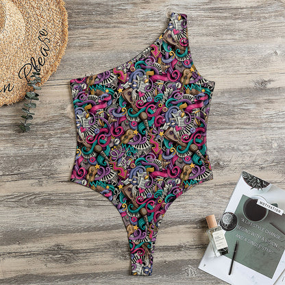 Abstract Music Pattern Print One Shoulder Bodysuit