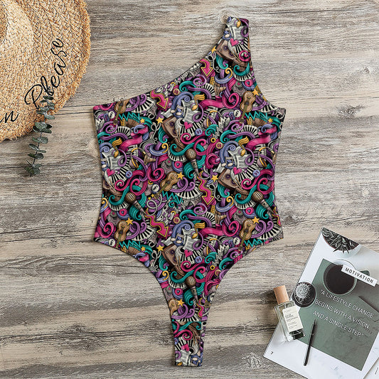 Abstract Music Pattern Print One Shoulder Bodysuit