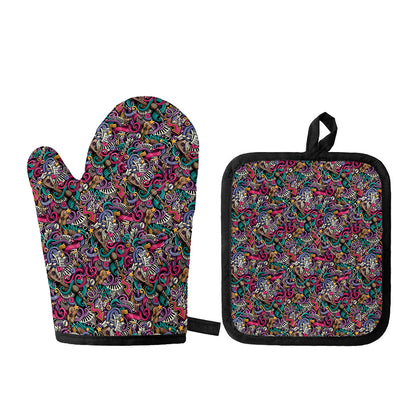 Abstract Music Pattern Print Oven Mitt And Pot Holder Set