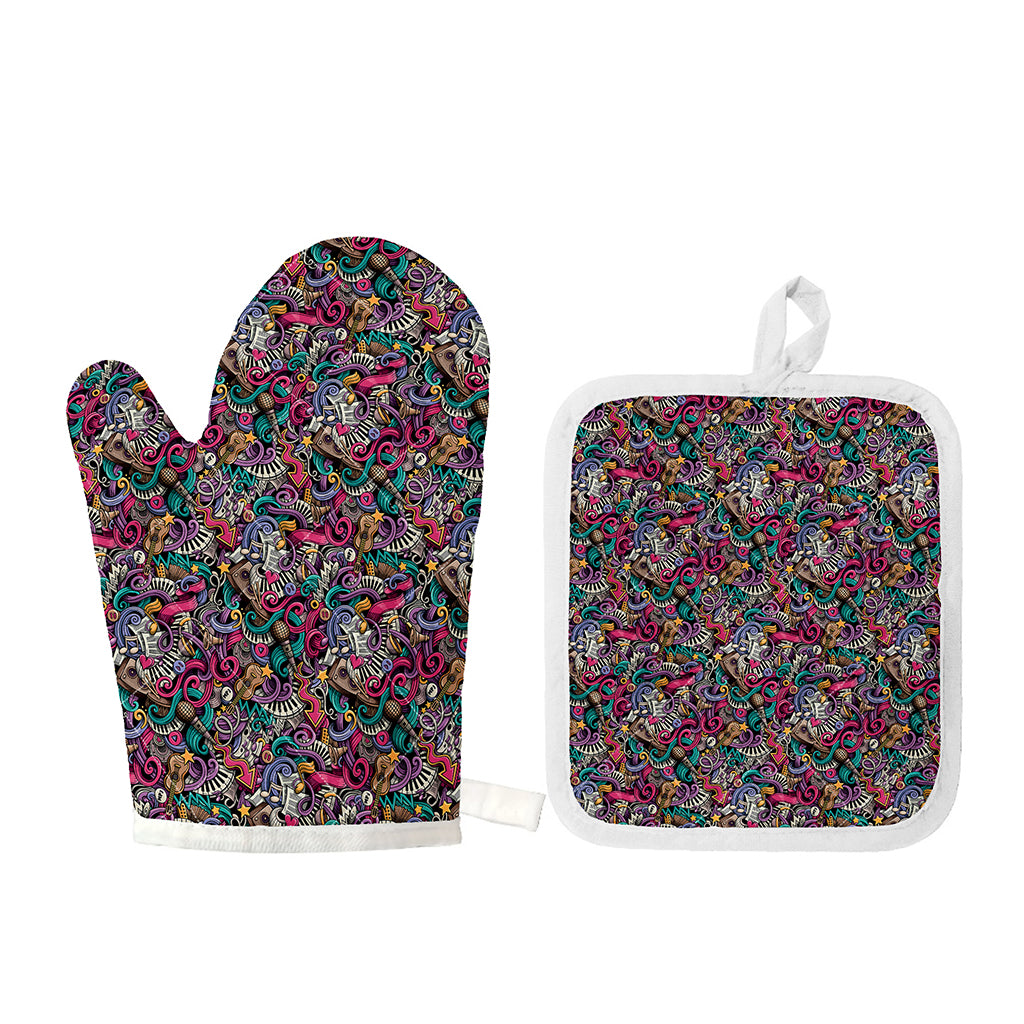 Abstract Music Pattern Print Oven Mitt And Pot Holder Set