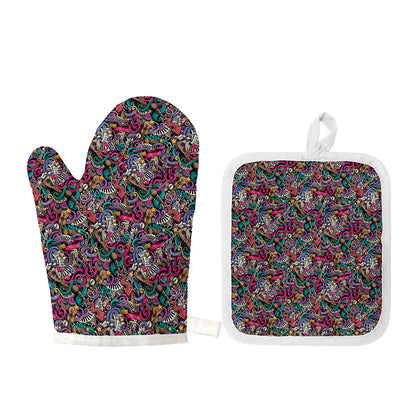 Abstract Music Pattern Print Oven Mitt And Pot Holder Set