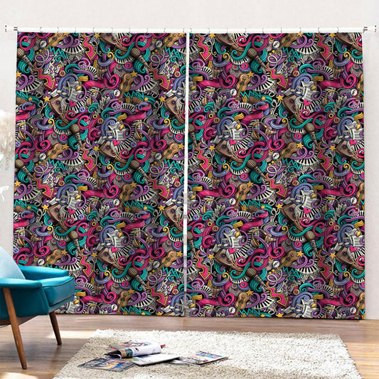 Abstract Music Pattern Print Pencil Pleat Curtains