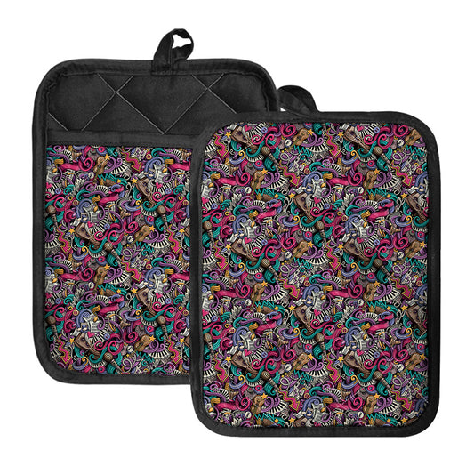 Abstract Music Pattern Print Pot Holders With Pocket
