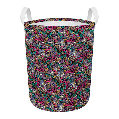 Abstract Music Pattern Print Round Laundry Basket