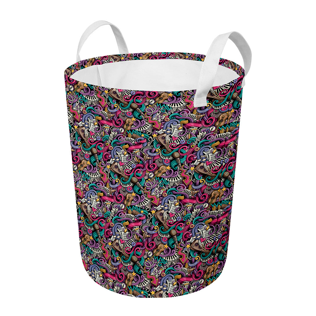Abstract Music Pattern Print Round Laundry Basket