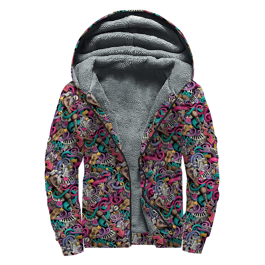 Abstract Music Pattern Print Sherpa Lined Zip Up Hoodie