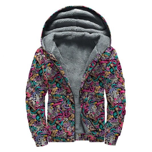 Abstract Music Pattern Print Sherpa Lined Zip Up Hoodie