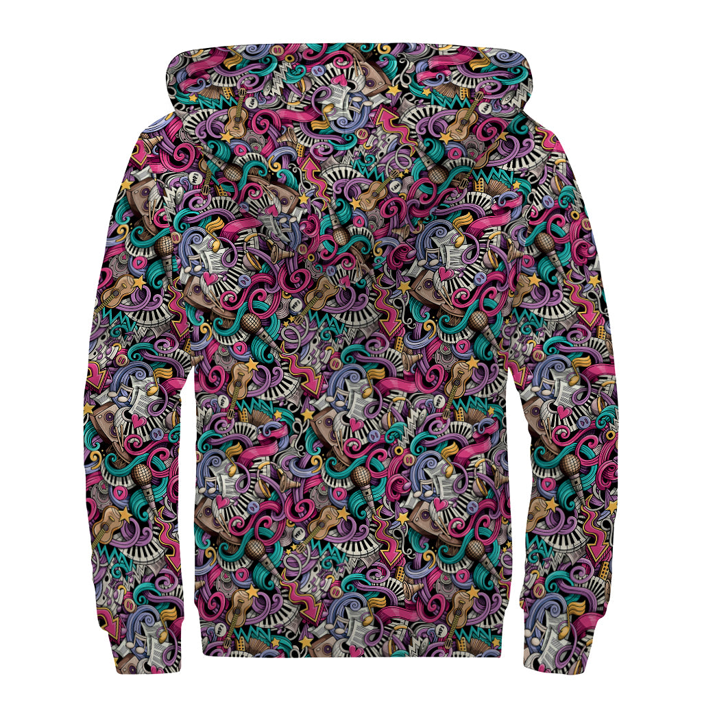 Abstract Music Pattern Print Sherpa Lined Zip Up Hoodie
