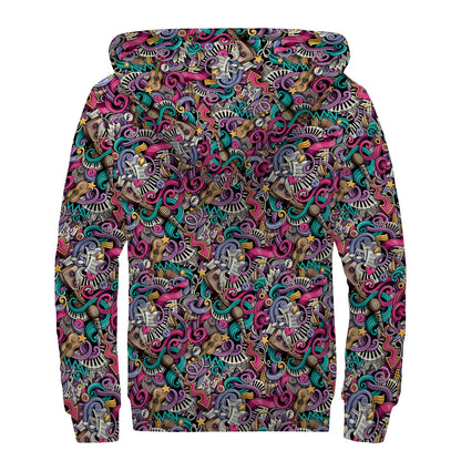 Abstract Music Pattern Print Sherpa Lined Zip Up Hoodie