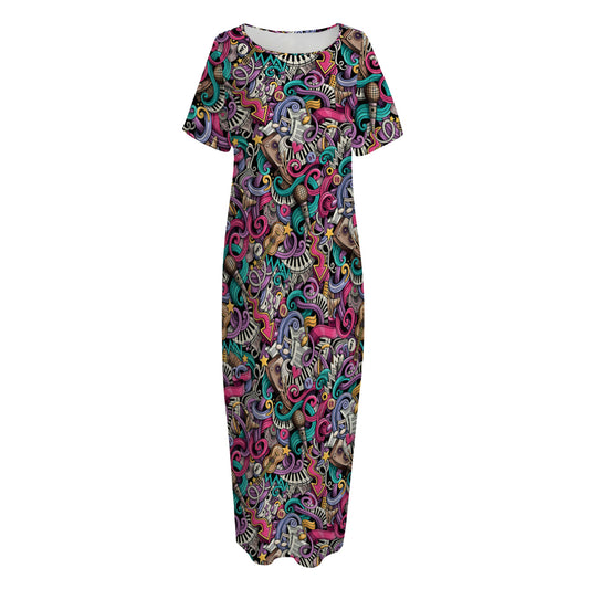 Abstract Music Pattern Print Short Sleeve Long Nightdress