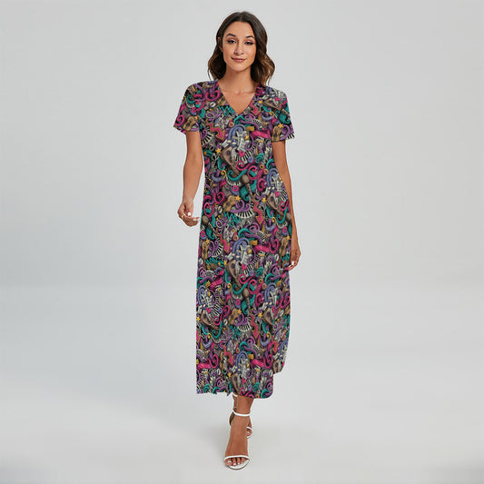 Abstract Music Pattern Print Short Sleeve Maxi Dress