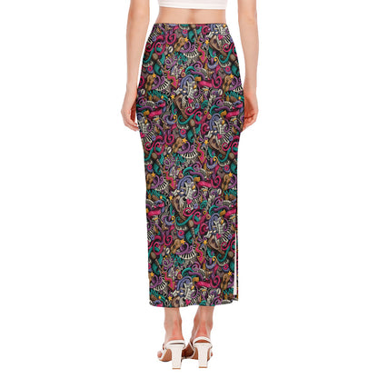 Abstract Music Pattern Print Side Slit Maxi Skirt