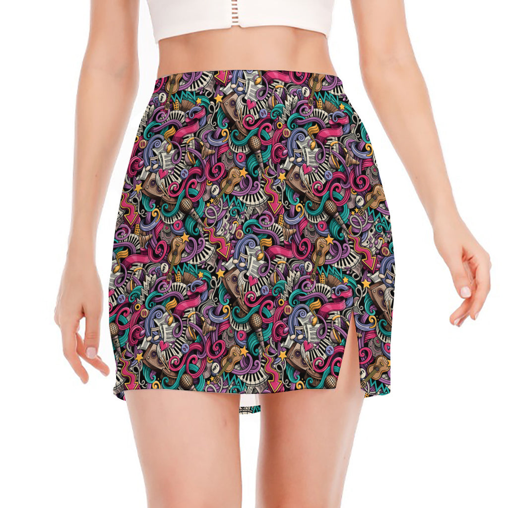 Abstract Music Pattern Print Side Slit Mini Skirt
