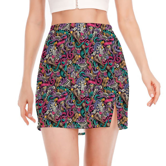 Abstract Music Pattern Print Side Slit Mini Skirt