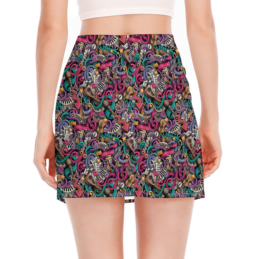 Abstract Music Pattern Print Side Slit Mini Skirt