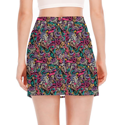 Abstract Music Pattern Print Side Slit Mini Skirt