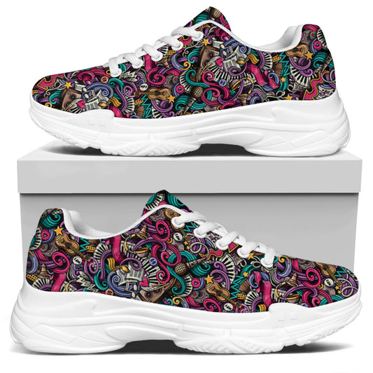 Abstract Music Pattern Print White Chunky Shoes