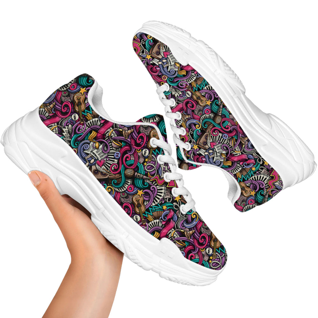 Abstract Music Pattern Print White Chunky Shoes