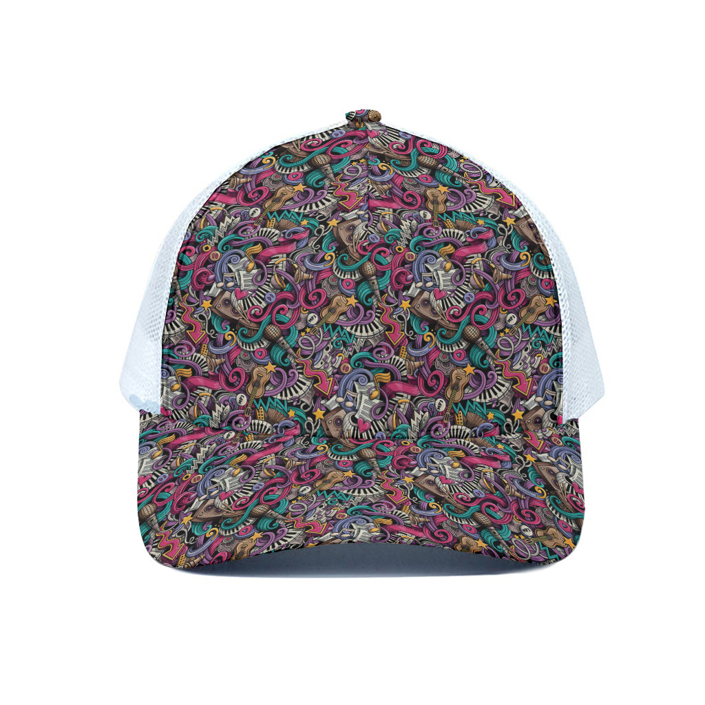 Abstract Music Pattern Print White Mesh Trucker Cap