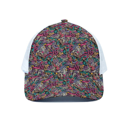Abstract Music Pattern Print White Mesh Trucker Cap