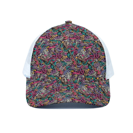 Abstract Music Pattern Print White Mesh Trucker Cap