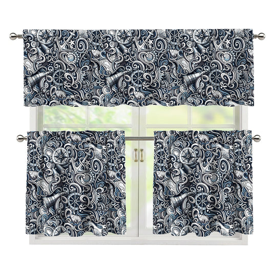 Abstract Nautical Anchor Pattern Print 3 Piece Kitchen Curtains