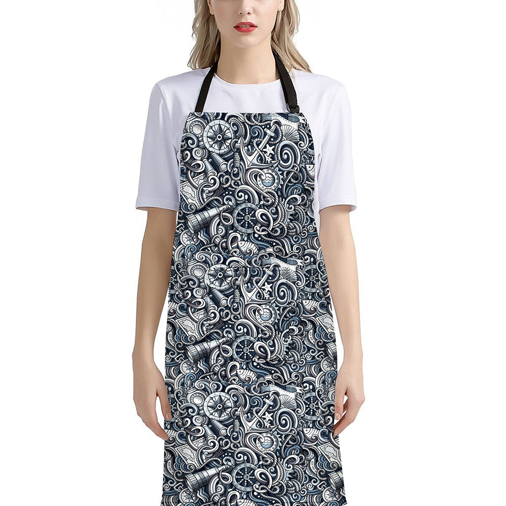 Abstract Nautical Anchor Pattern Print Bib Apron With Pocket