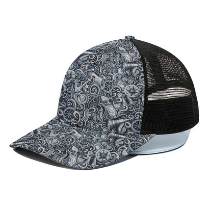 Abstract Nautical Anchor Pattern Print Black Mesh Trucker Cap