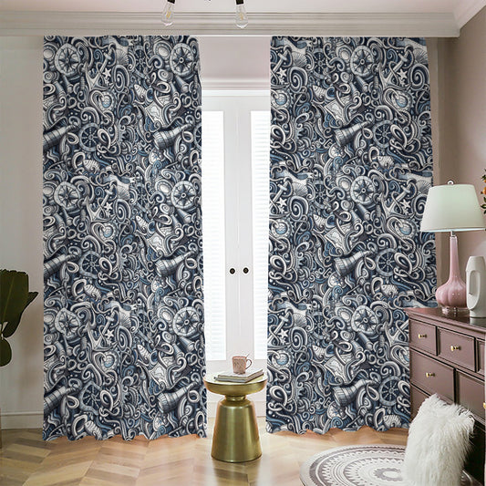 Abstract Nautical Anchor Pattern Print Blackout Pencil Pleat Curtains
