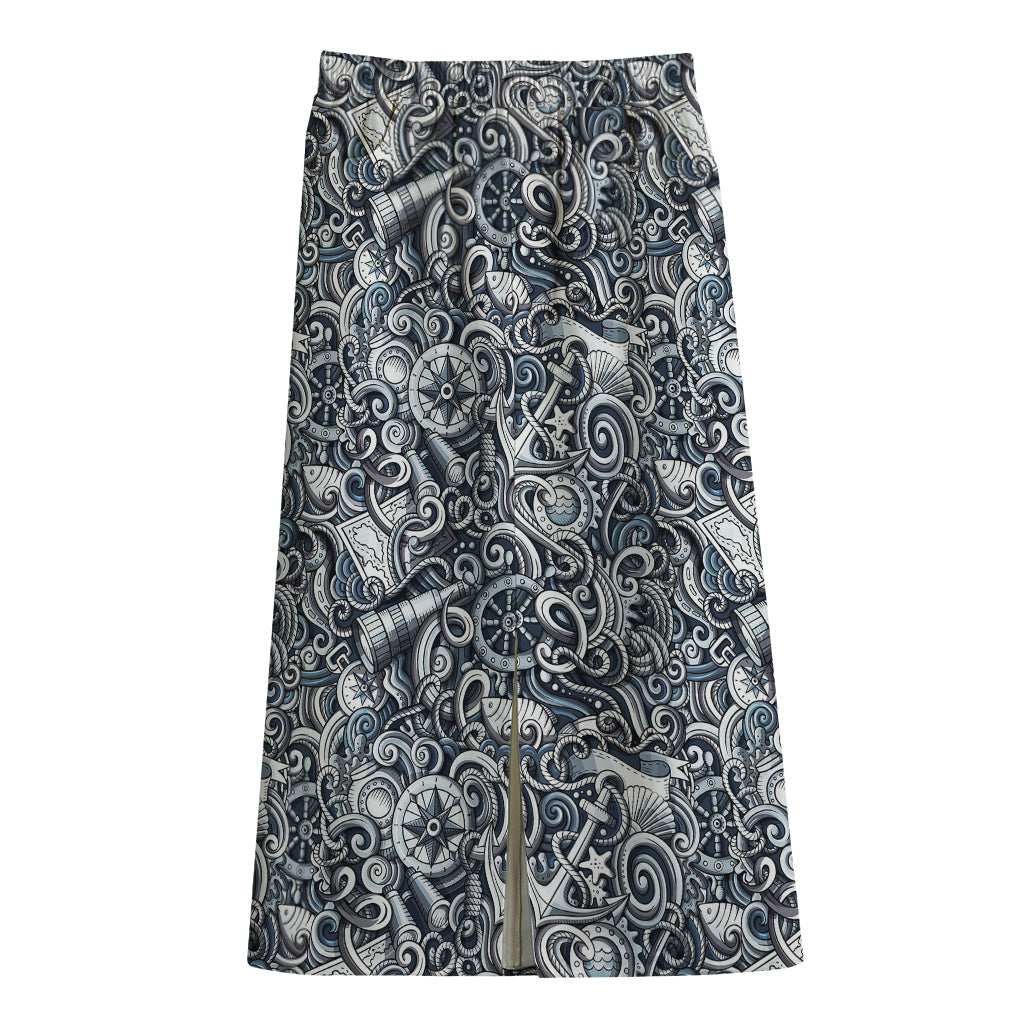 Abstract Nautical Anchor Pattern Print Cotton Front Slit Maxi Skirt