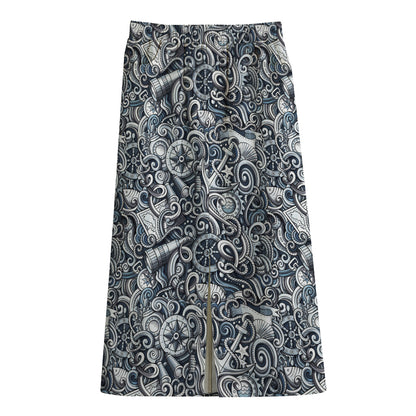 Abstract Nautical Anchor Pattern Print Cotton Front Slit Maxi Skirt