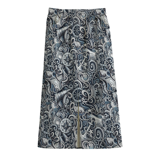 Abstract Nautical Anchor Pattern Print Cotton Front Slit Maxi Skirt