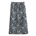 Abstract Nautical Anchor Pattern Print Cotton Front Slit Maxi Skirt