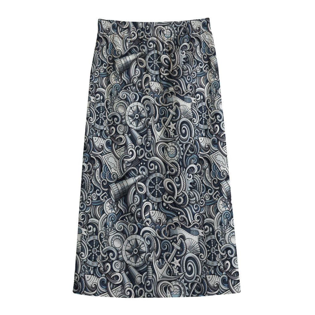 Abstract Nautical Anchor Pattern Print Cotton Front Slit Maxi Skirt