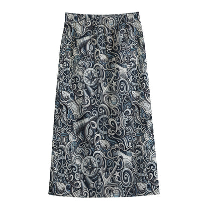 Abstract Nautical Anchor Pattern Print Cotton Front Slit Maxi Skirt