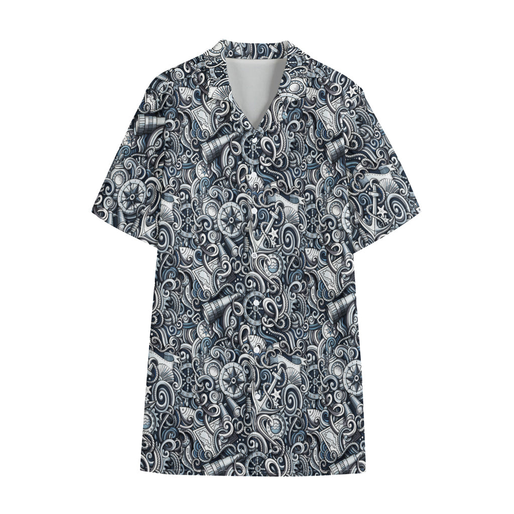Abstract Nautical Anchor Pattern Print Cotton Hawaiian Shirt