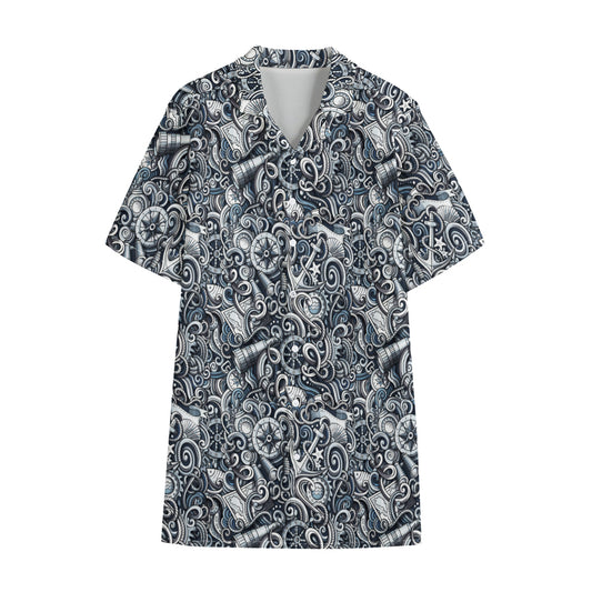 Abstract Nautical Anchor Pattern Print Cotton Hawaiian Shirt