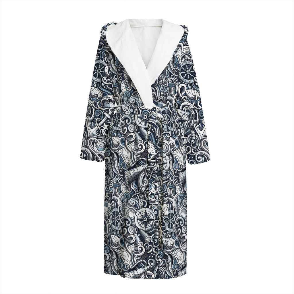 Abstract Nautical Anchor Pattern Print Hooded Bathrobe